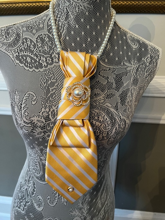 Hand Crafted Accessories - Hand Crafted Yellow and White Striped Necktie Statement Necklace